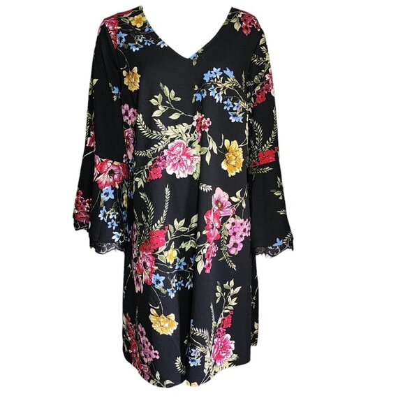ROZ & ALI Black Floral Bell Sleeve V Neck Pullover Dress Womens Plus Size 2X - Picture 1 of 7